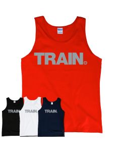 a tank top with gray text of the Train decal on the chest