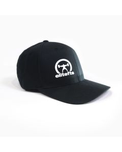 front view of a black flex fit hat with a Crescent decal on the front