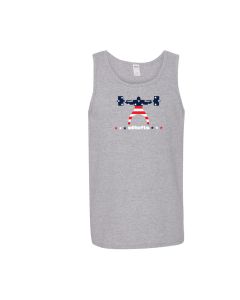 photo showing light gray tank-top with the Squatter logo, colored in an American Flag color scheme