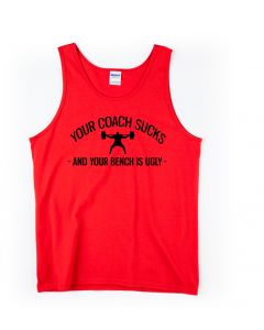 a red tank top with the Coach Sucks decal on the chest