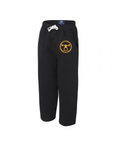 a pair of black open bottom sweat pants with a  yellow coin decal next to the left pocket