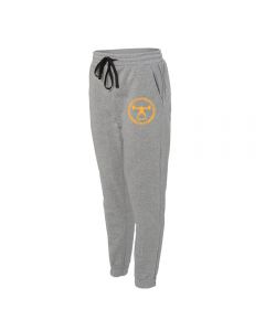 a pair of gray fleece jogger pants with the with a yellow coin decal on the left pant leg