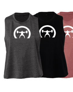 three sleeveless woman's tank tops, one black, one mauve, and one platinum grey, with the crescent squatter decal on the front