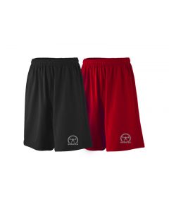 two pairs of shorts, one black pair and one red pair, with grey decals depicting the crescent decal on the right pant leg