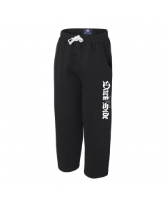 a pair of black open bottom sweat pants with a dark side tagline decal on the left pant leg