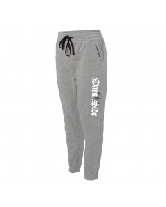 a pair of gray fleece jogger pants with the with a Dark Side decal on the left pant leg