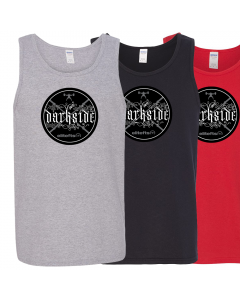 three tank tops with the Darkside decal on the chest; one gray, one black, and one red