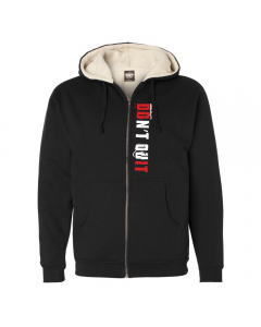 a black sherpa hoodie with the Don't Quit decal on the left side of the zipper