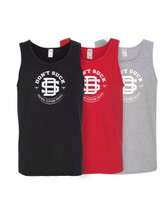 photograph of tank tops with the Don't Suck decal on the chest; one black, one red, and one gray
