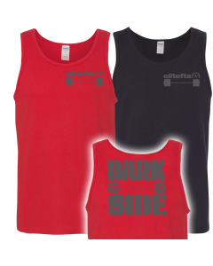 two tank tops, one black and one red, with the Dark Side barbell decal on the back, a smaller barbell on the left side of the chest