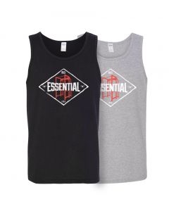 image presenting two tank tops with the Essential Decal, specifically one black and one gray