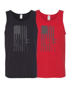 two tank tops, one red and one black, with a flag barbell decal, a US flag with various barbells replacing the flag's stripes
