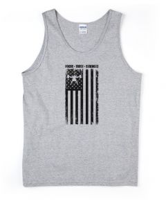 a tank top with the FOCUS TRUST STRENGTH phrase with a FLAG just underneath