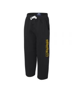 a pair of black open bottom sweat pants with a vegas gold tagline decal on the left pant leg