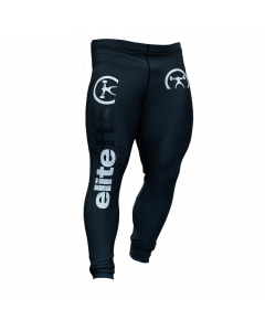 a pair of dark gray compression pants with decals on various parts of the product