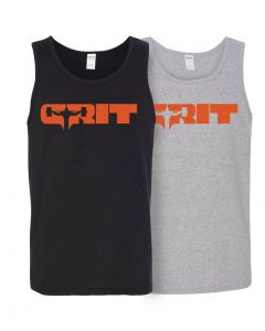 image showing black tank tops with an orange Grit decal on the chest, one black and one gray