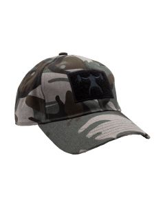 front view of an Operator hat with a camo color scheme and a Squatter decal on the front