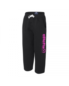 a pair of black sweatpants with a pink variant of the tagline decal on the left pant leg