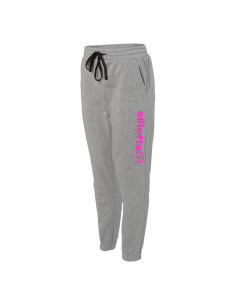 a pair of grey fleece joggers' pants with a pink tagline decal on the left pant leg