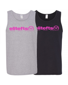 two tank tops. one gray and one black, with pink text depicting the EliteFTS tagline on the chest