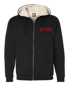 a black sherpa hoodie with the P P P logo on the left side of the zipper