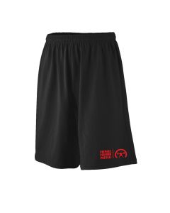 a black pair of small shorts with the "Prepare, Perform, Prevail" decal on the left pant leg