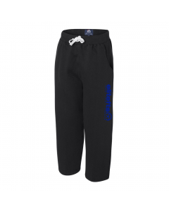 a pair of black sweatpants with a royal blue variant of the tagline decal on the left pant leg