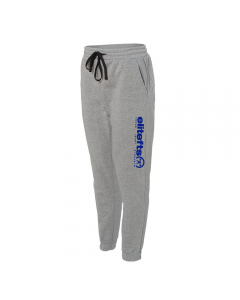 a pair of gray fleece jogger pants with the with a royal blue tagline decal on the left pant leg