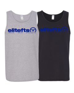 two tank tops, one black and one gray, with a blue EliteFTS logo in royal blue letters
