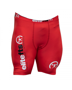 a pair of red compression shortswith EliteFTS decals on various parts of the product