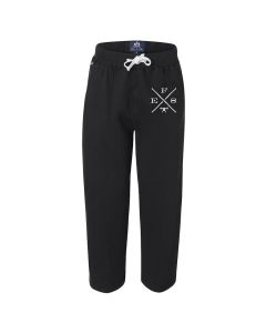 a pair of black open bottom sweatpants with the EFX decal on the left side