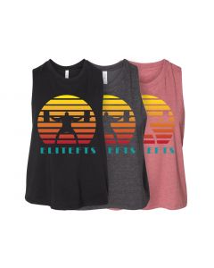 three sleeveless woman's tank tops, one black, one platinum grey, and one mauve, with the sunset squatter decal on the front