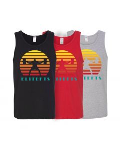 three tank tops with a sunset squatter on the chest area; one black, one red, and one gray