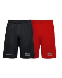 two pairs of shorts, a red pair and a black pair, with grey decals depicting the tagline and US flag on the pant legs