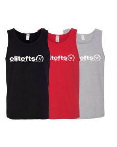 three tank tops, colored red, black, and gray respectively, with the EliteFTS tagline decal on the chest
