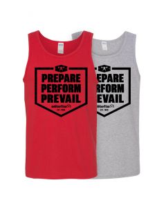 two tank tops with a black decal on the chest, the words "Prepare, Perform, Prevail" portrayed on one red shirt and one gray shirt