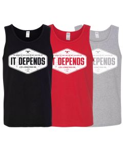 image showing three tank tops with the It Depends decal, specifically black, red, and light gray tank tops