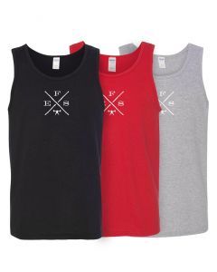 image of three tank tops depicting a white EFX logo; one black, one red, and one gray