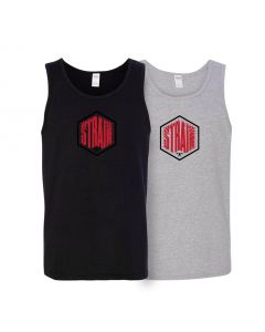 the strain logo in the middle of the chest of two tank tops, one black and one gray
