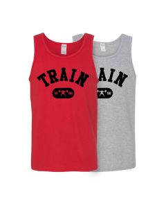 photo of a tank tops with the Train Arch logo, specifically one gray and one red