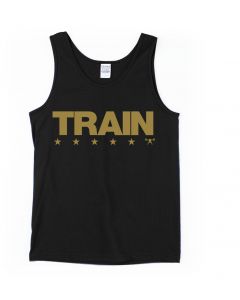 a tank top with a gold Train Flag logo, five stars under the word "Train"