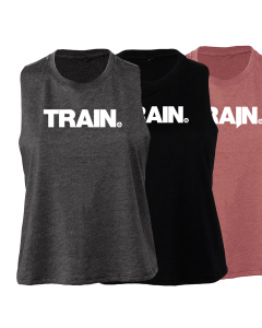 three sleeveless woman's tank tops, one black, one platinum grey, and one mauve, with the Train decal on the front