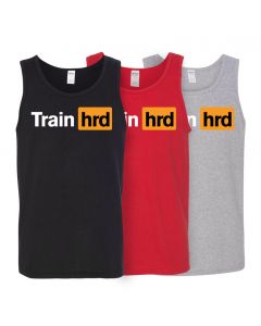 photo of three tank tops with the Train Hard logo on the chest, one red, one gray, and one black