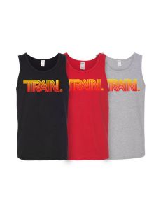 three tank tops with the Train Lines logo on the chest area, one red, one gray, and one black