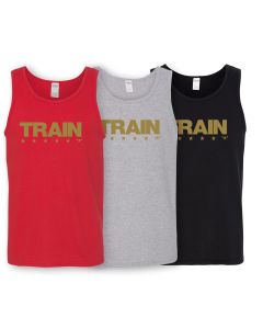 a tank top with a gold Train Flag logo, five stars under the word "Train"