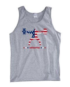 photo showing light gray tank-top with the Squatter logo, colored in an American Flag color scheme