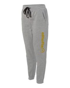 a pair of gray fleece jogger pants with the with a vegas gold tagline decal on the left pant leg