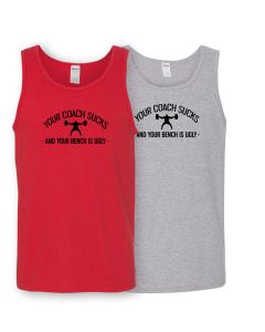 a red tank top with the Coach Sucks decal on the chest