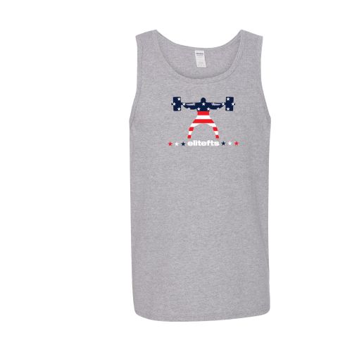 photo showing light gray tank-top with the Squatter logo, colored in an American Flag color scheme