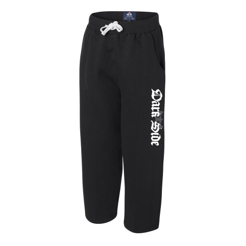 a pair of black open bottom sweat pants with a dark side tagline decal on the left pant leg